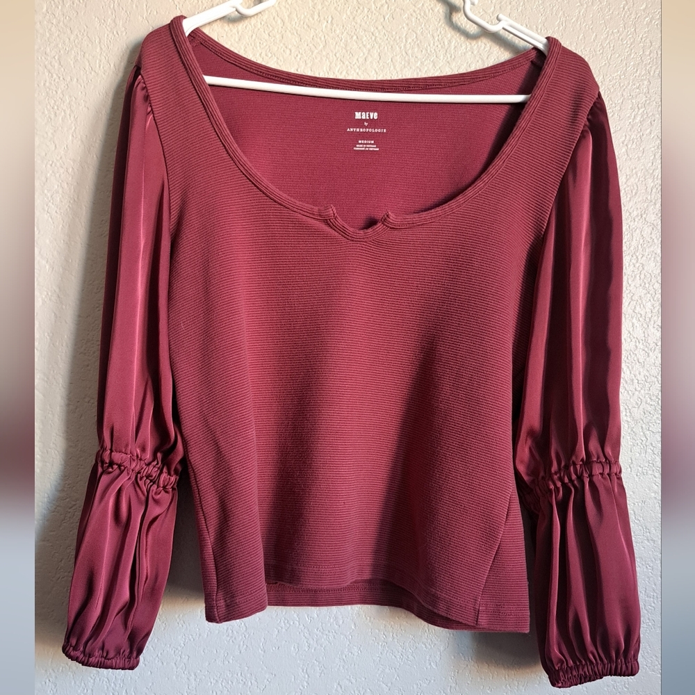 Maeve Anthropologie Burgundy Red Ribbed Scoop Neck Longsleeve Blouse Top Size M
